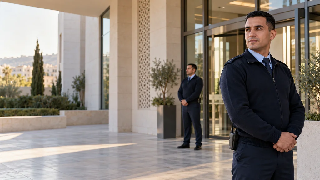 Deux agents de sécurité en tenue bleu nuit devant l’entrée d’un bâtiment professionnel.