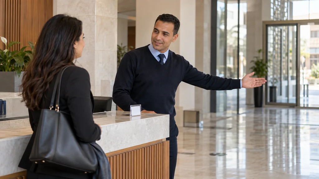 Un agent oriente une visiteuse depuis la banque d’accueil d’un hall.
