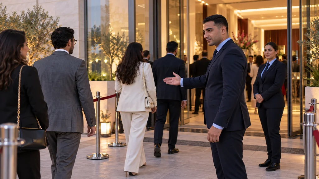 Des agents orientent les invités à l’entrée d’un événement.